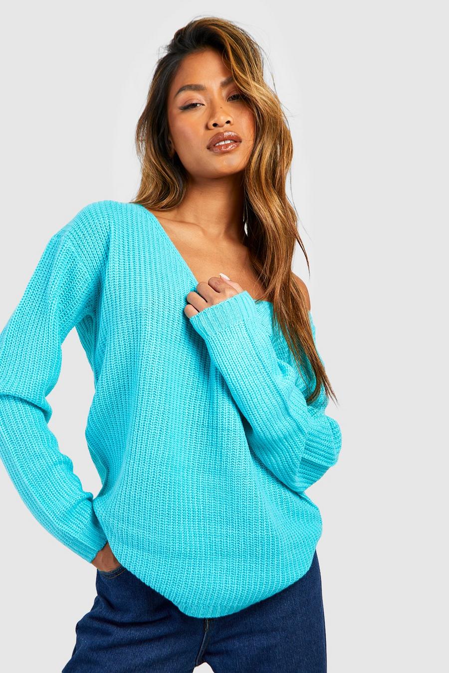 Turquoise Basic V Neck Sweater image number 1