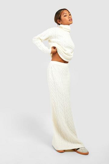 Cream White Cable Turtleneck Jumper And Maxi Skirt Knitted Co-Ord