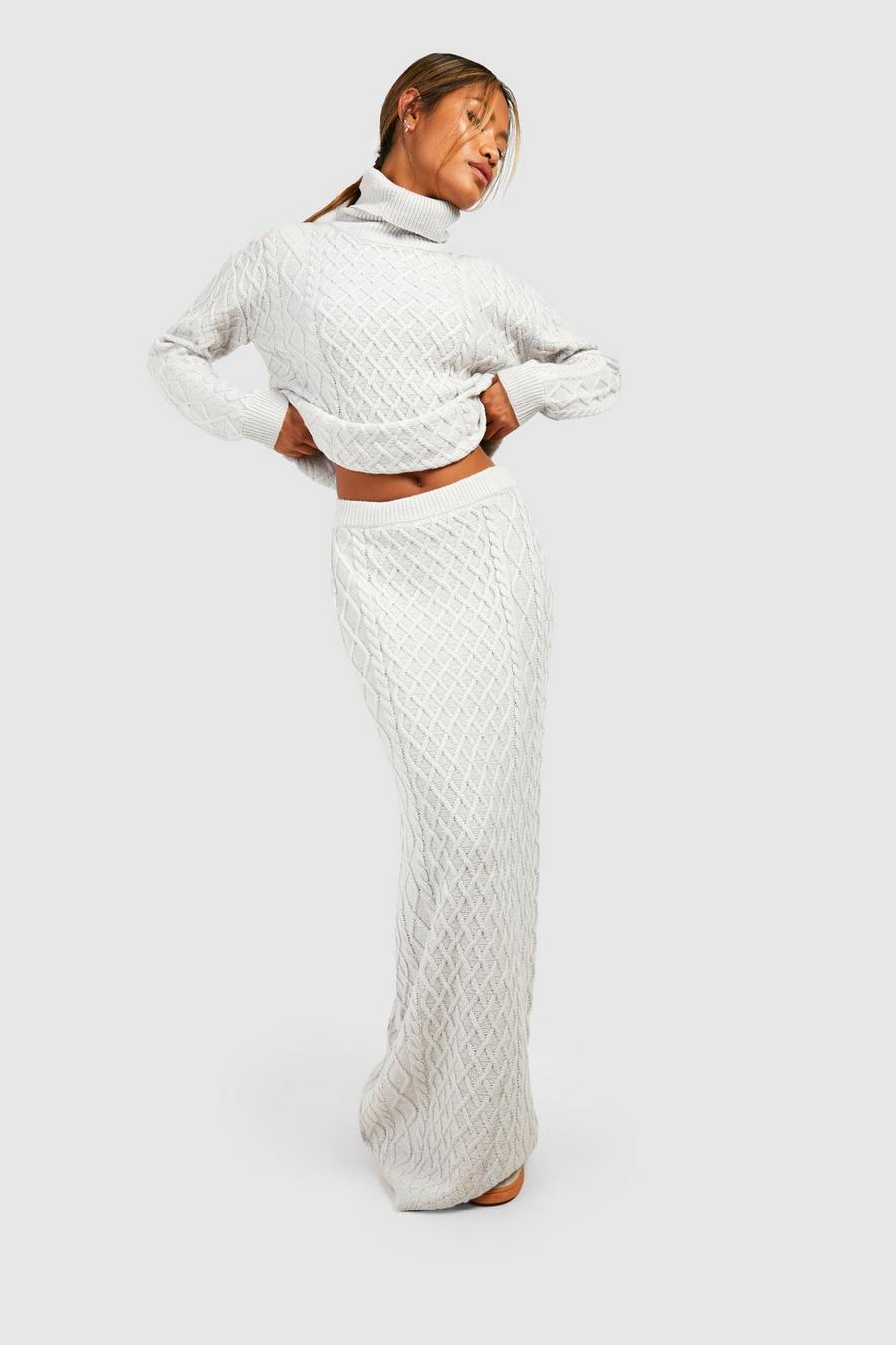 Silver Cable Roll Neck Jumper And Maxi Skirt Knitted Co-ord image number 1
