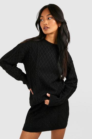 Black Cable Sweater And Mini Skirt Knitted Two-Piece