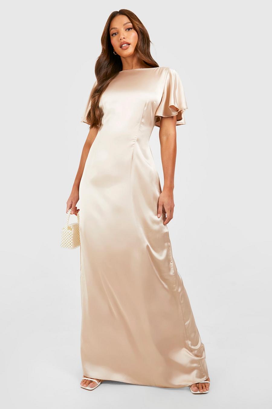 Champagne Tall Satin Occasion Angel Sleeve Maxi Dress