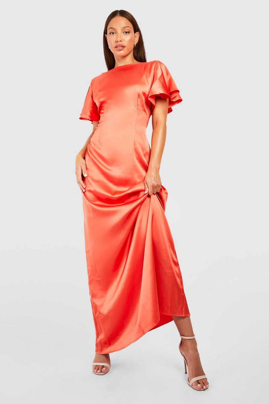 Coral pink Tall Satin Occasion Angel Sleeve Maxi Dress