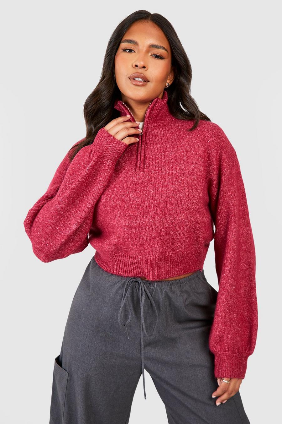 Maglione corto Plus Size in maglia morbida con zip corta, Fuchsia