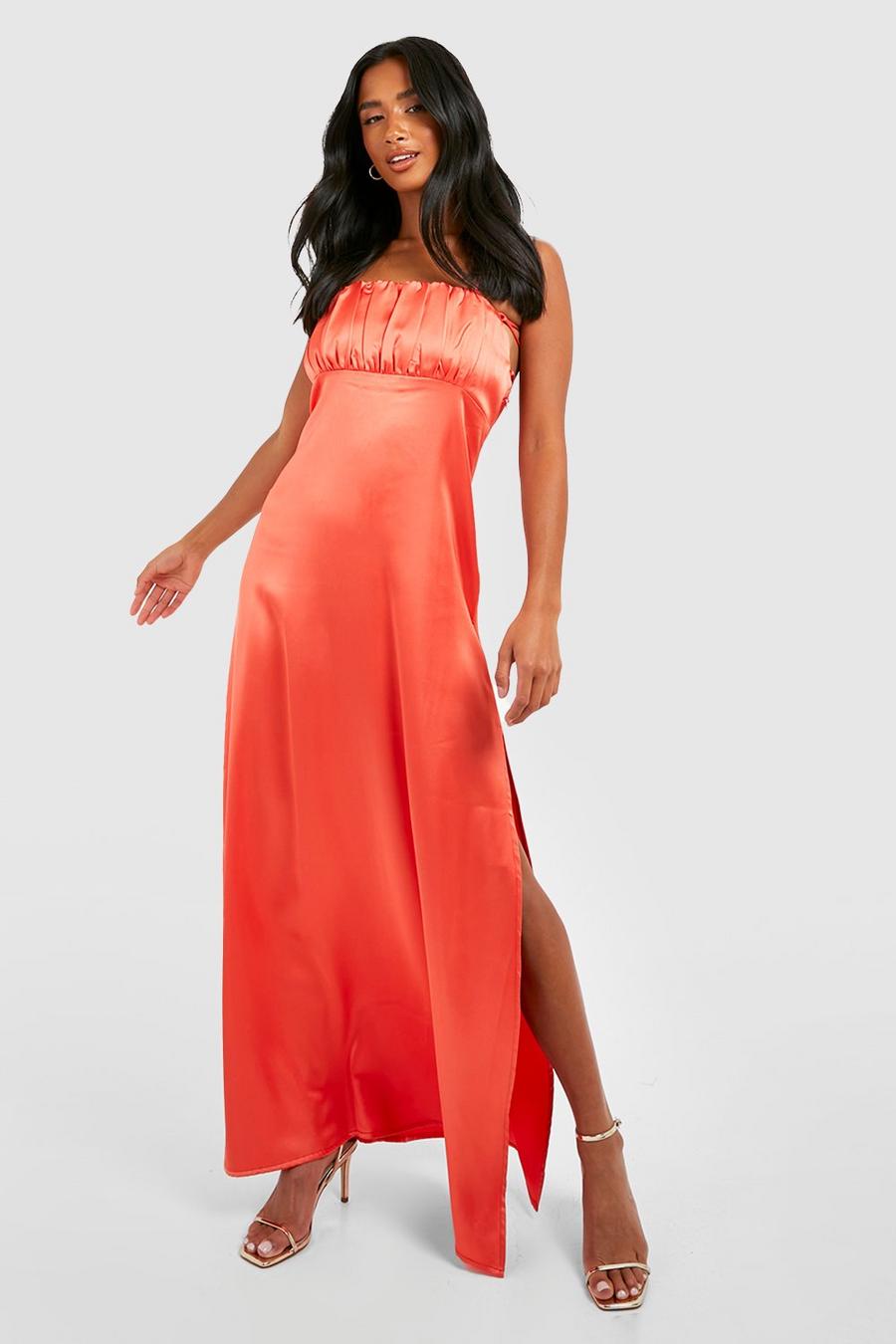 Coral Petite Satin Occasion Ruched Slip Maxi Dress image number 1