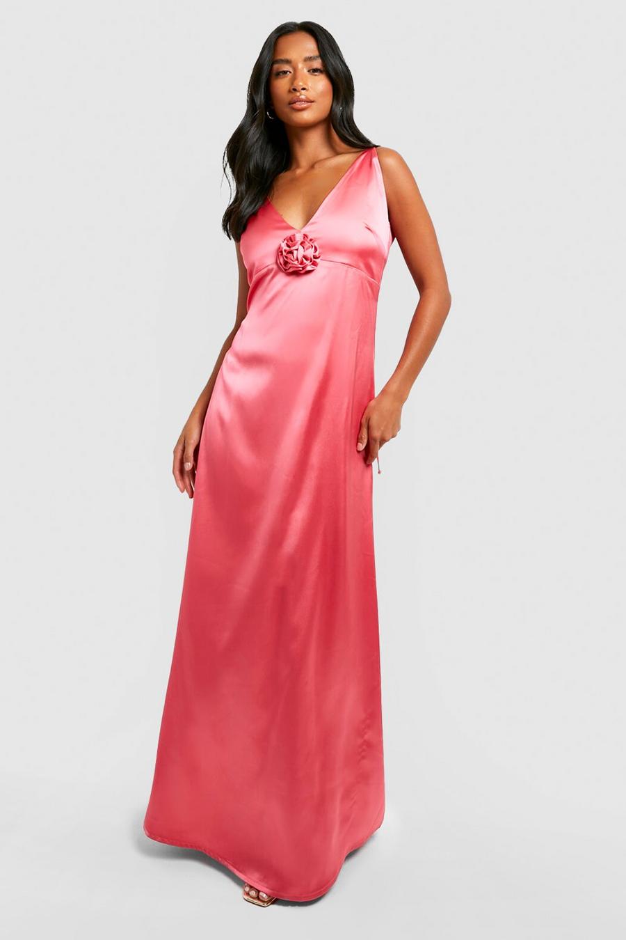 Bubblegum Petite Satin Occasion Rose Corsage Maxi Dress