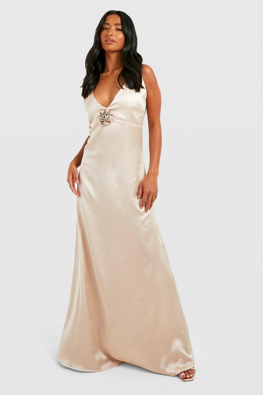 Champagne Petite Satin Occasion Rose Corsage Maxi Dress image number 1