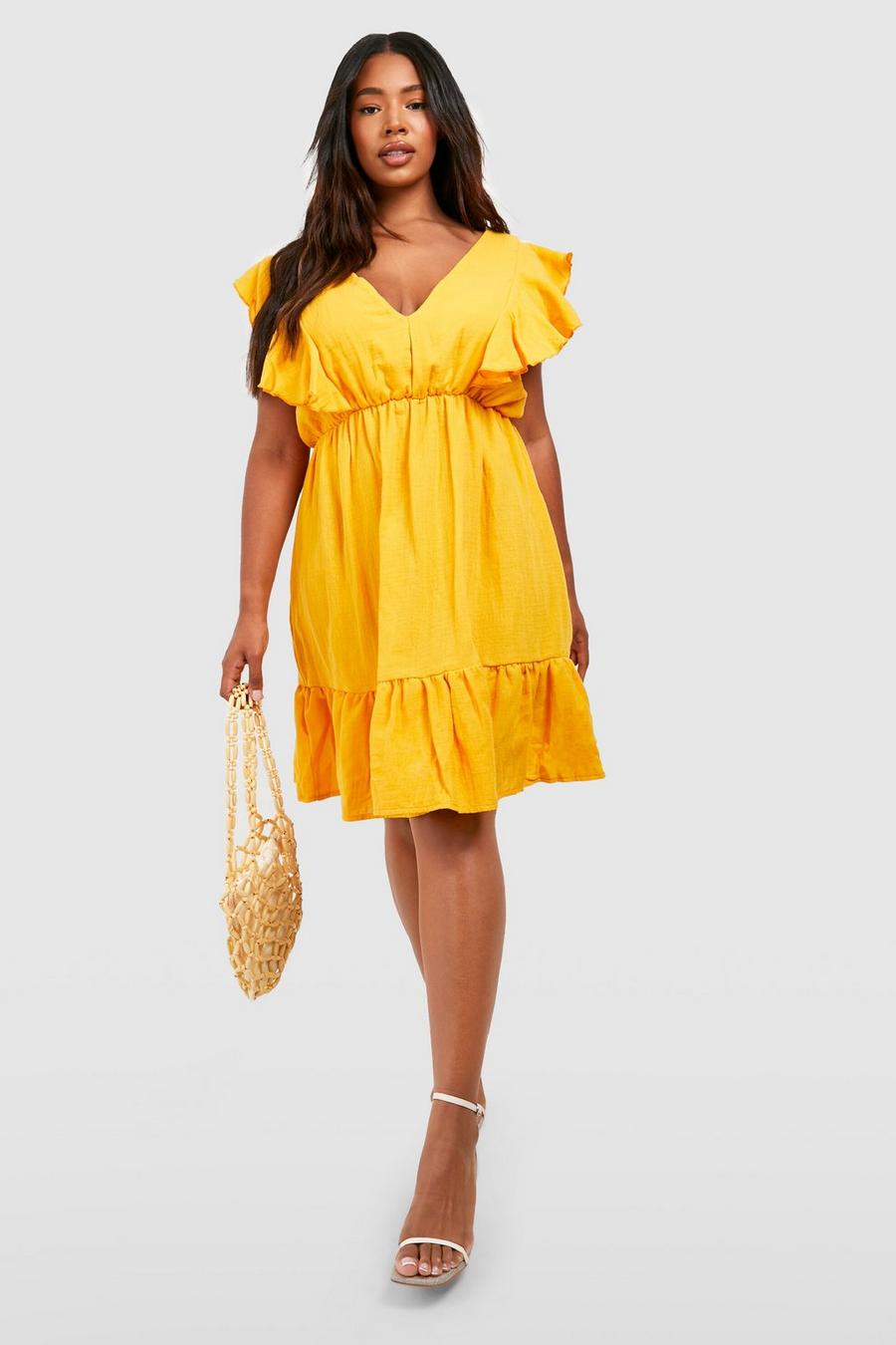 Vestito prendisole Plus Size effetto crespo con arricciature, Mustard image number 1