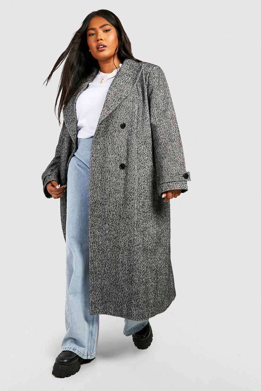 Cappotto Plus Size a doppiopetto in lana a spina di pesce, Grey image number 1