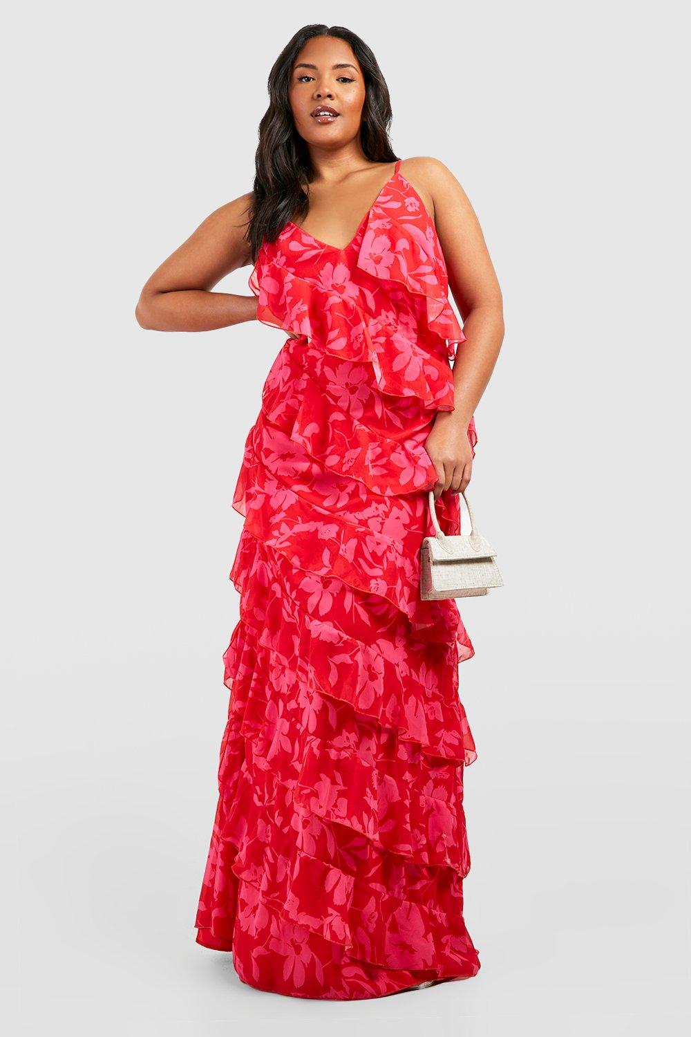 Red Chiffon Ruffle Layer Maxi Dress, Dresses