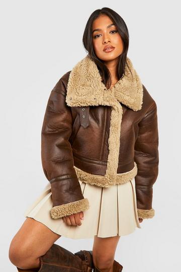 Petite Teddy Trim Aviator Jacket choc brown