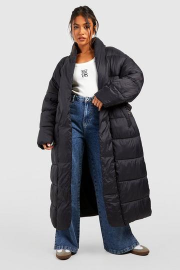 Petite Belted Duvet Puffer Jacket black