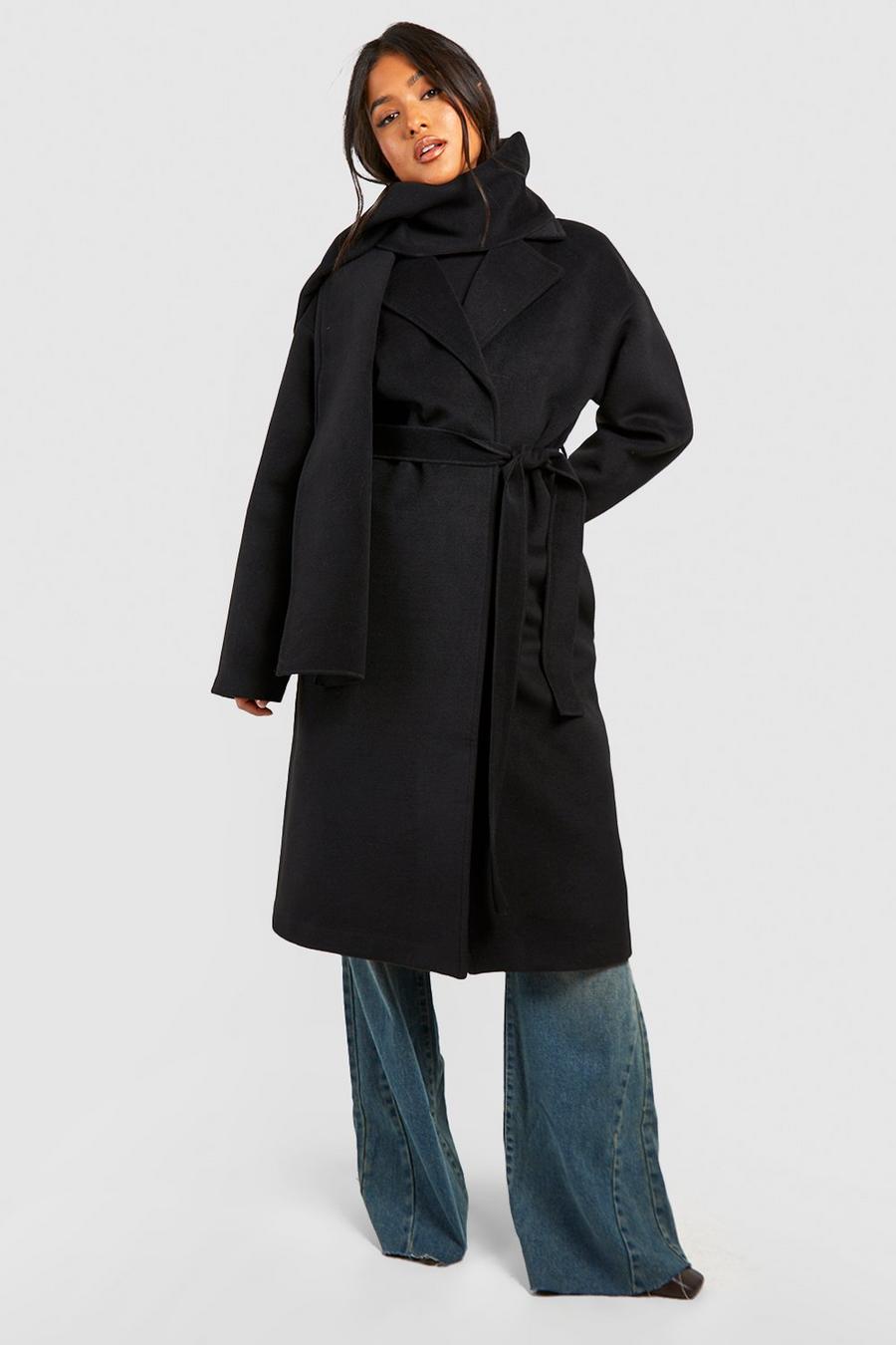 Black Petite Wool Wrap Coat With Scarf image number 1