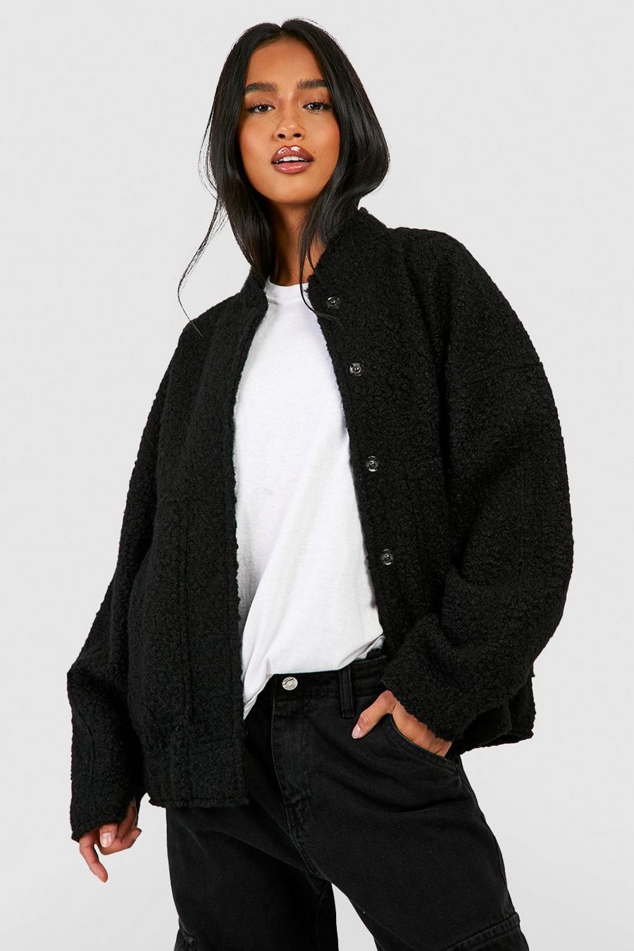 Black Petite Oversized Wool Bomber Jacket