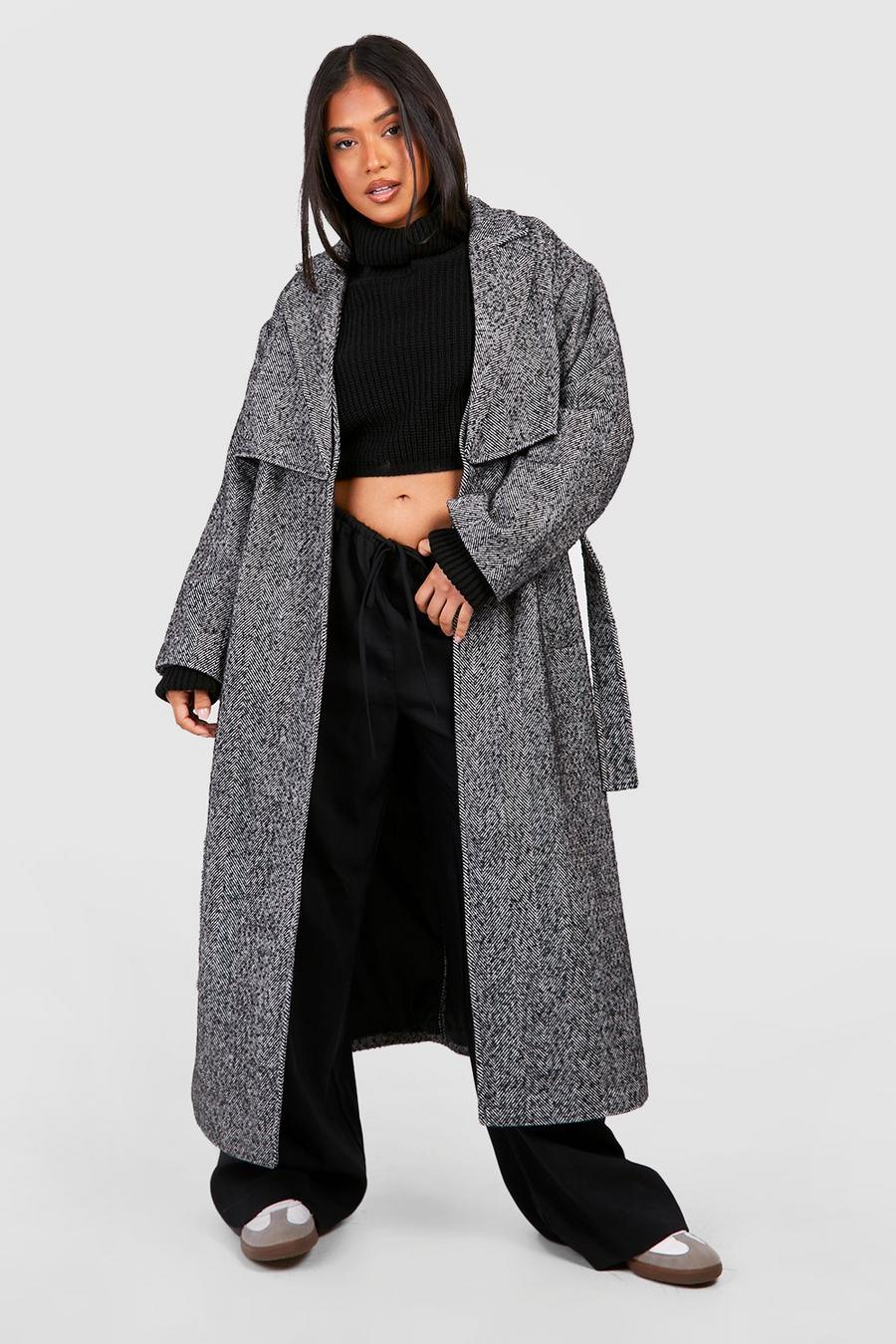 Charcoal grå Petite Herringbone Belted Wool Trench Coat
