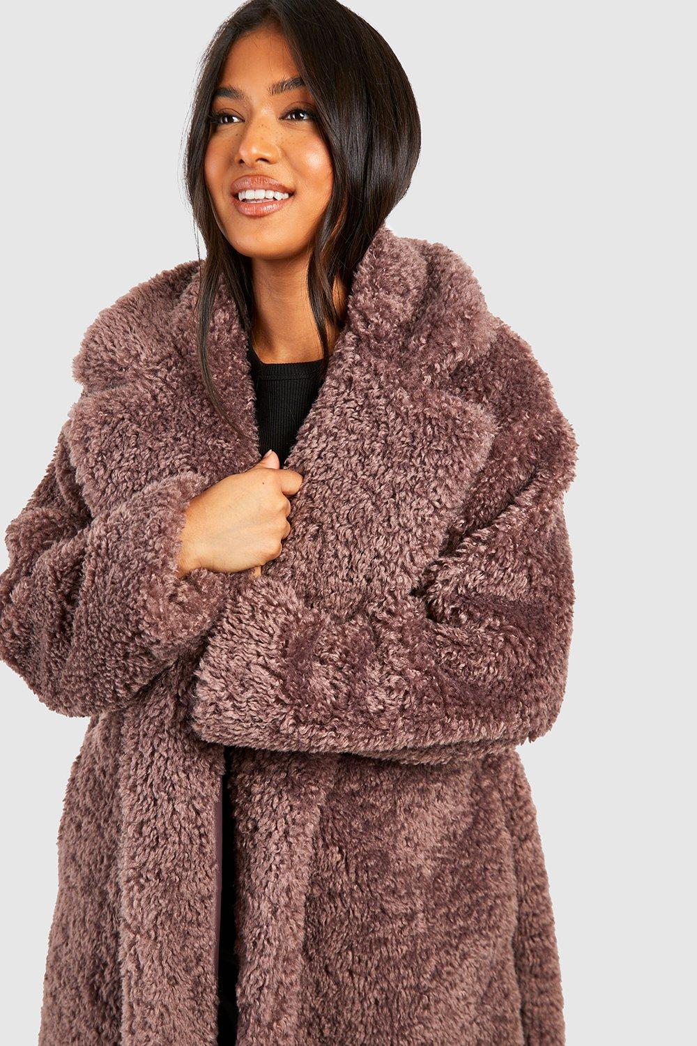 Textured Belted Faux Fur Coat