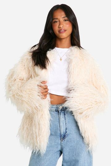 Cream White Petite Mongolian Faux Fur Coat