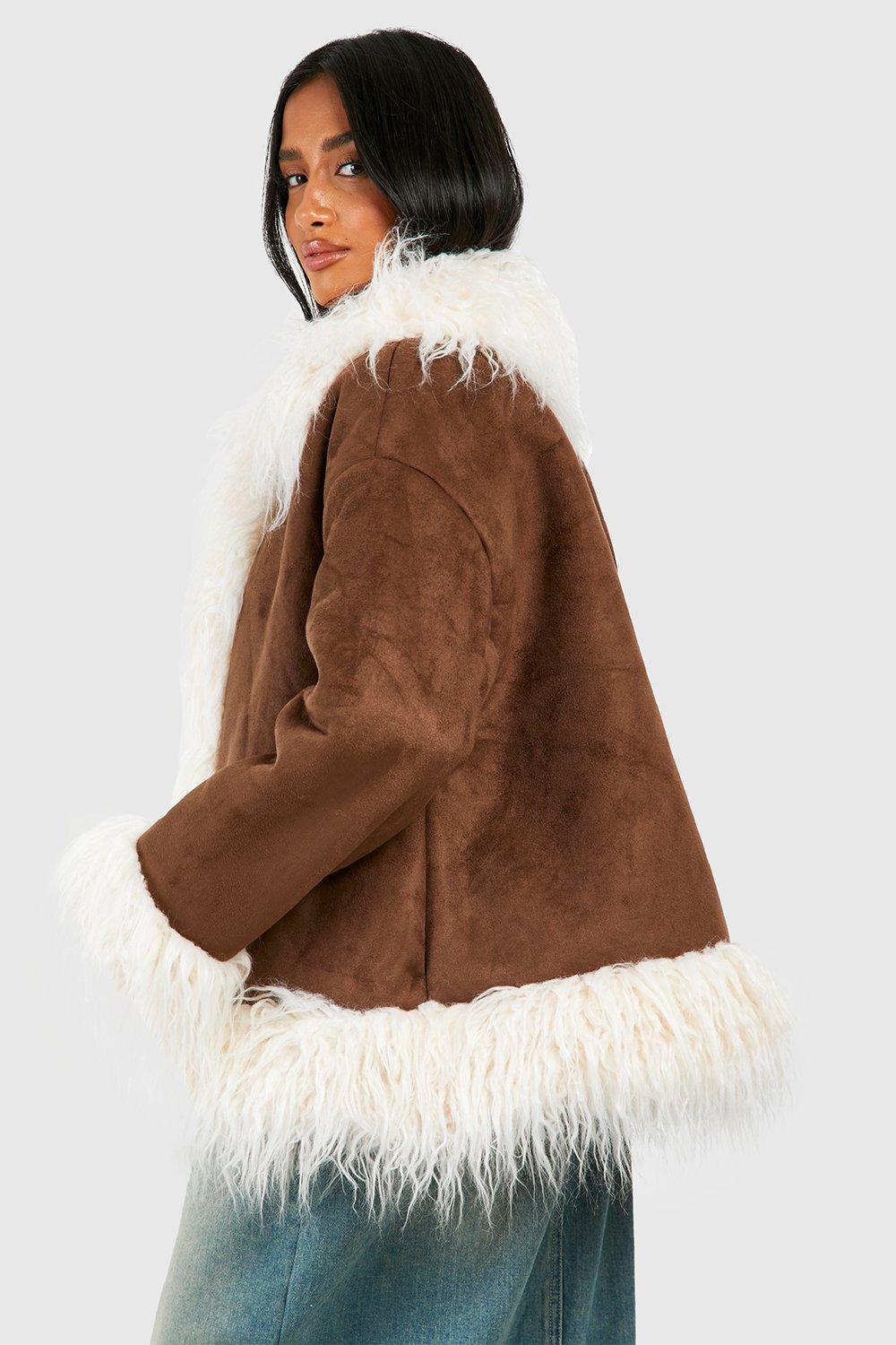 boohoo Women's Faux Fur Trim Suedette Coat