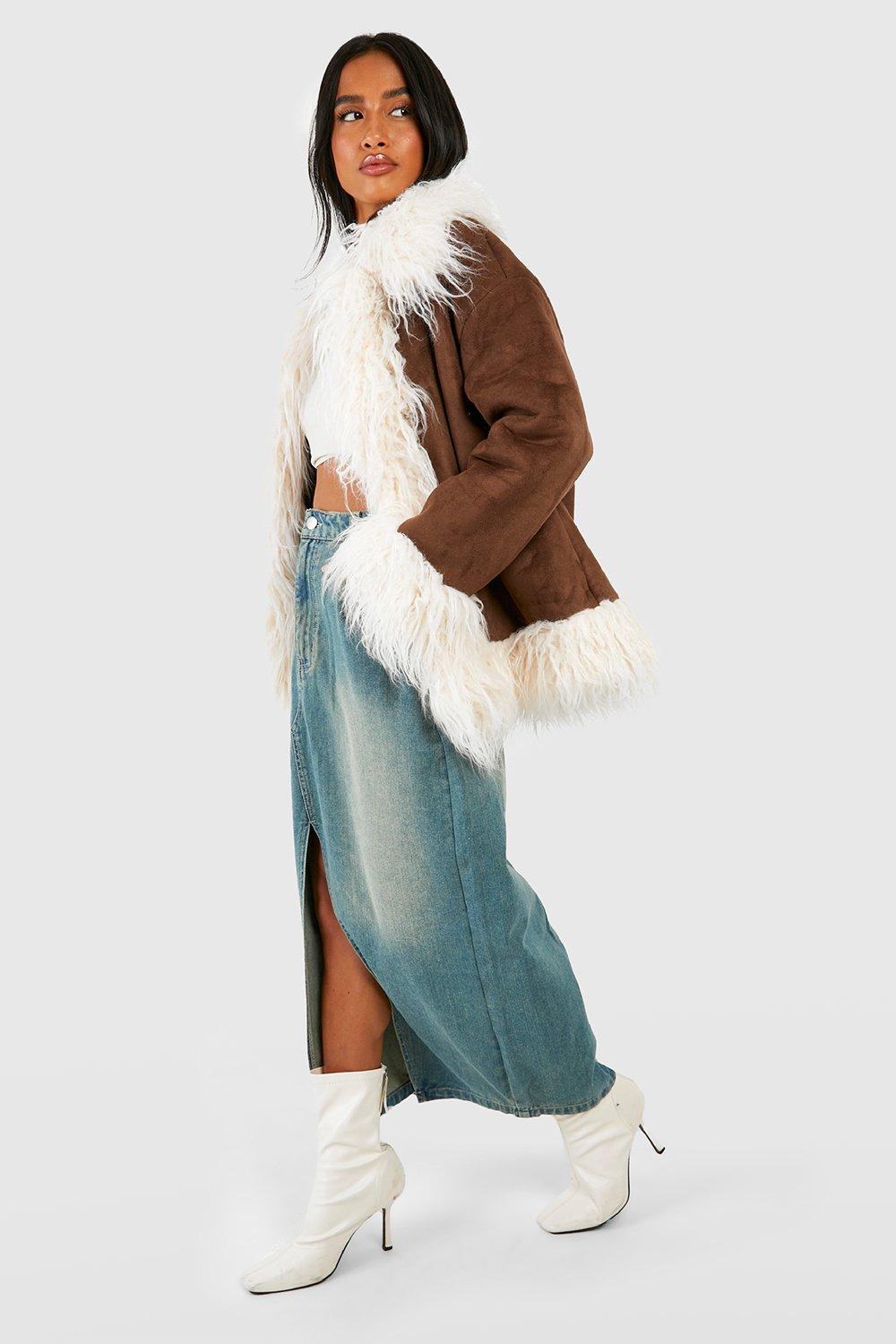 Petite Faux Fur Trim Coat