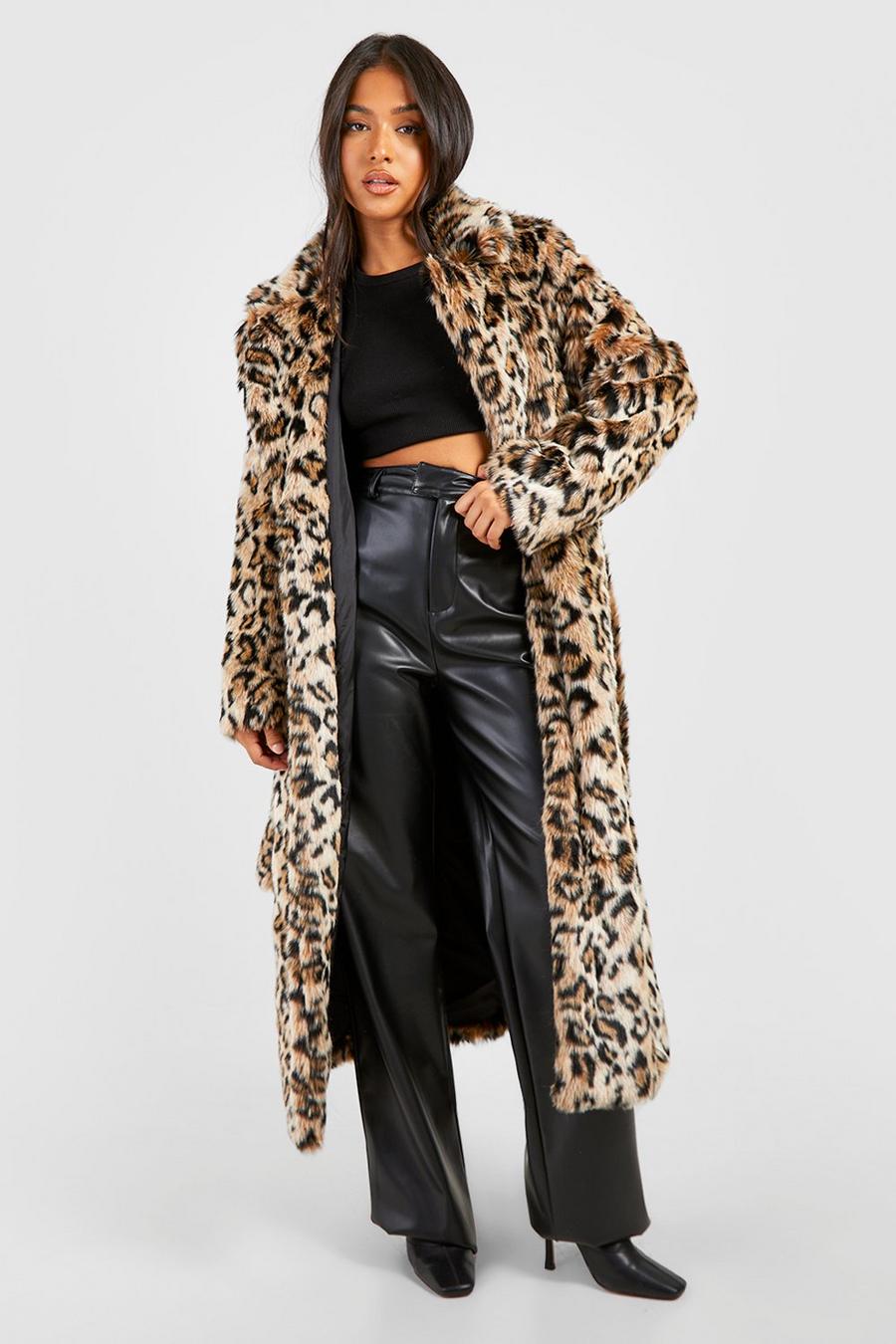 Petite Belted Leopard Faux Fur Maxi Coat  image number 1