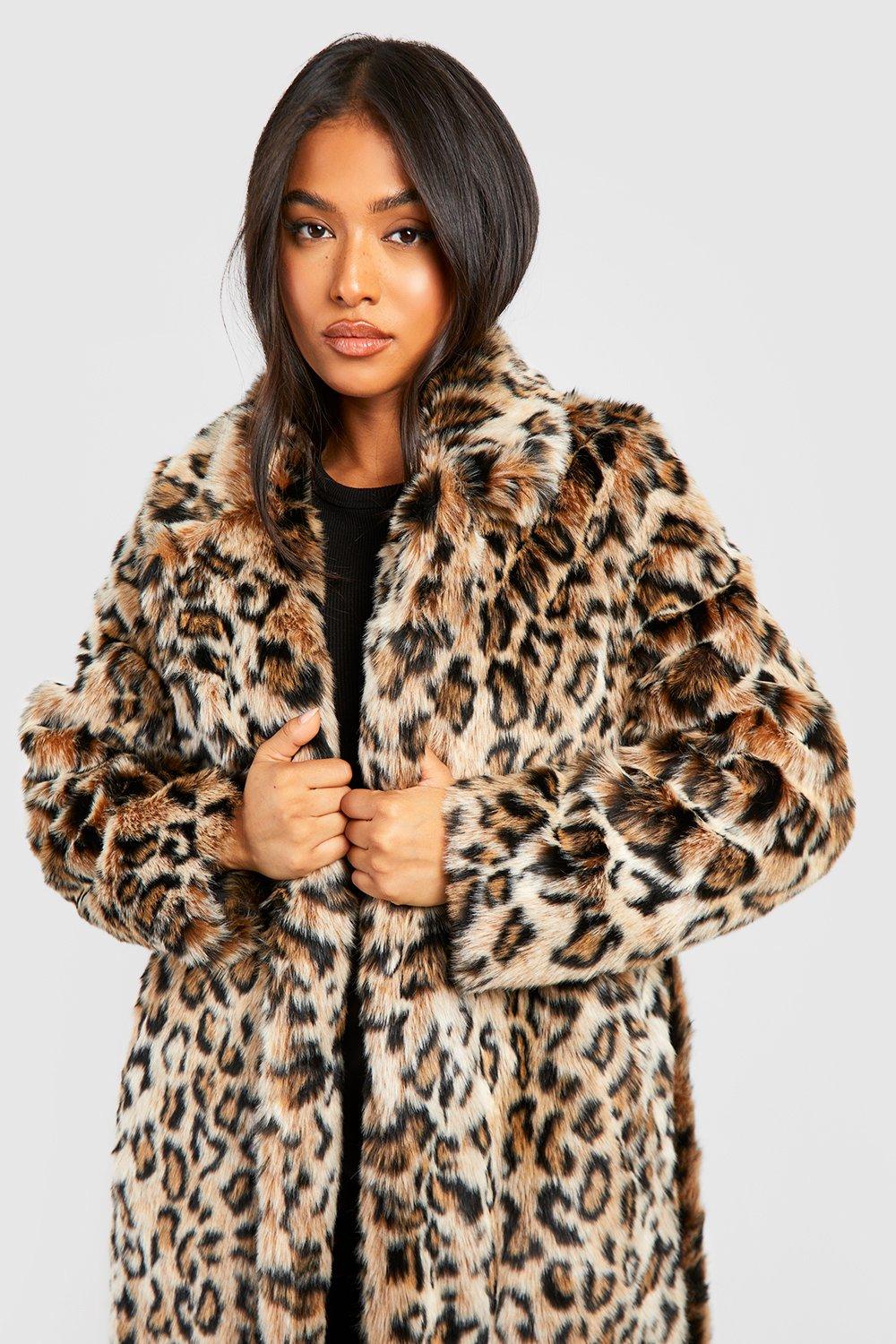 Petite Belted Leopard Faux Fur Maxi Coat