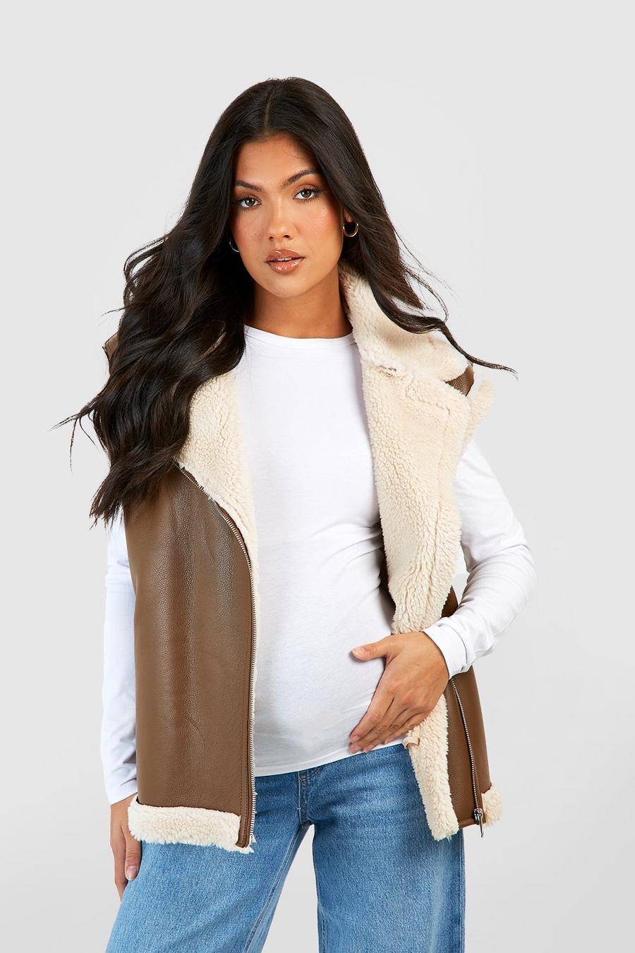 Brown Maternity Teddy Trim Faux Leather Vest