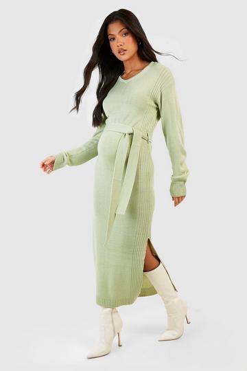 Khaki Maternity Knitted Split Midi Dress
