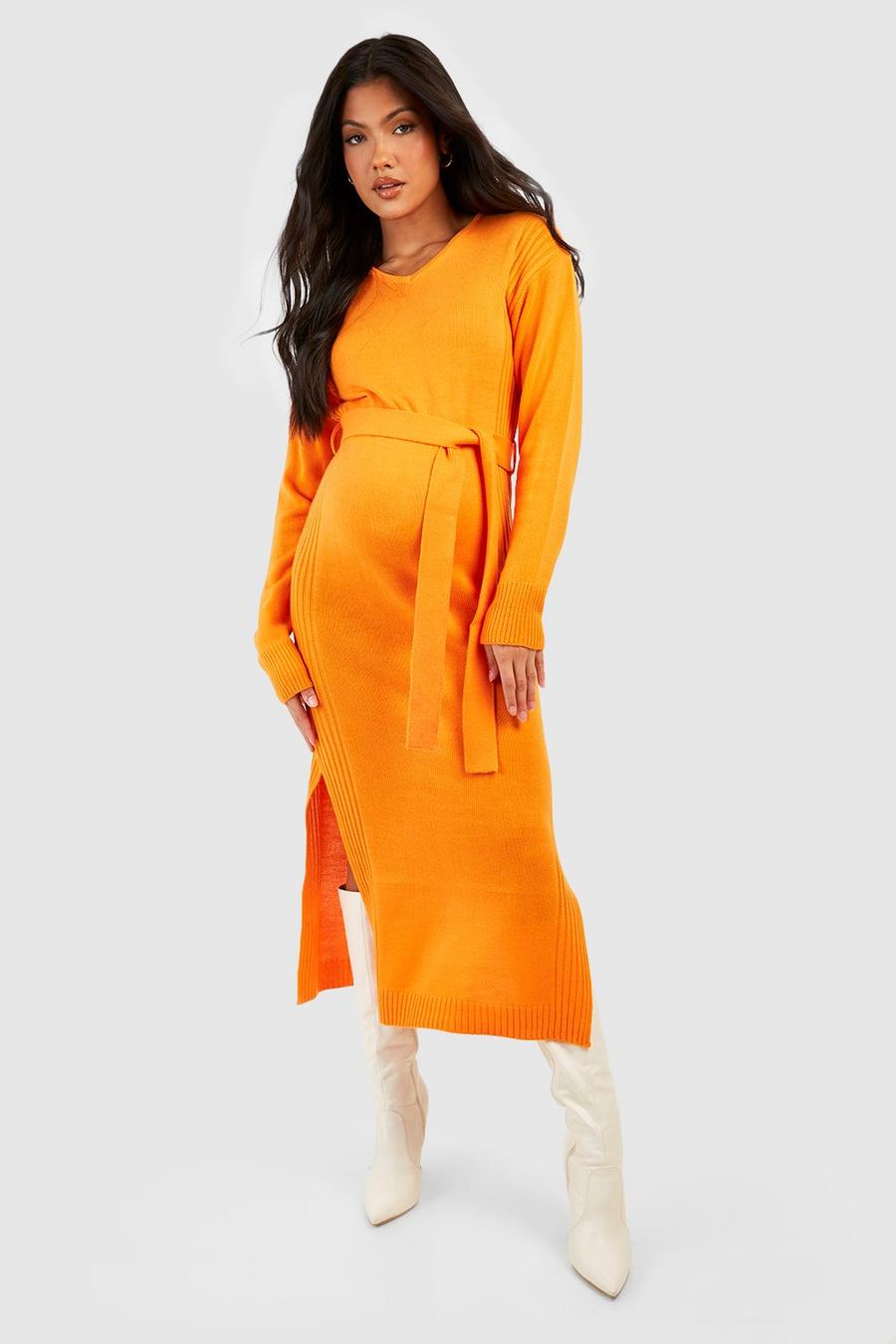 Orange Maternity Knitted Split Midaxi Dress
