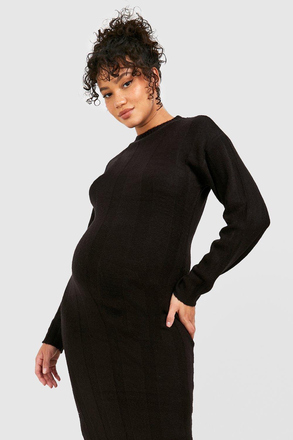 Ribbed Knit Maternity Full Sleeve Maxi Dress – Black