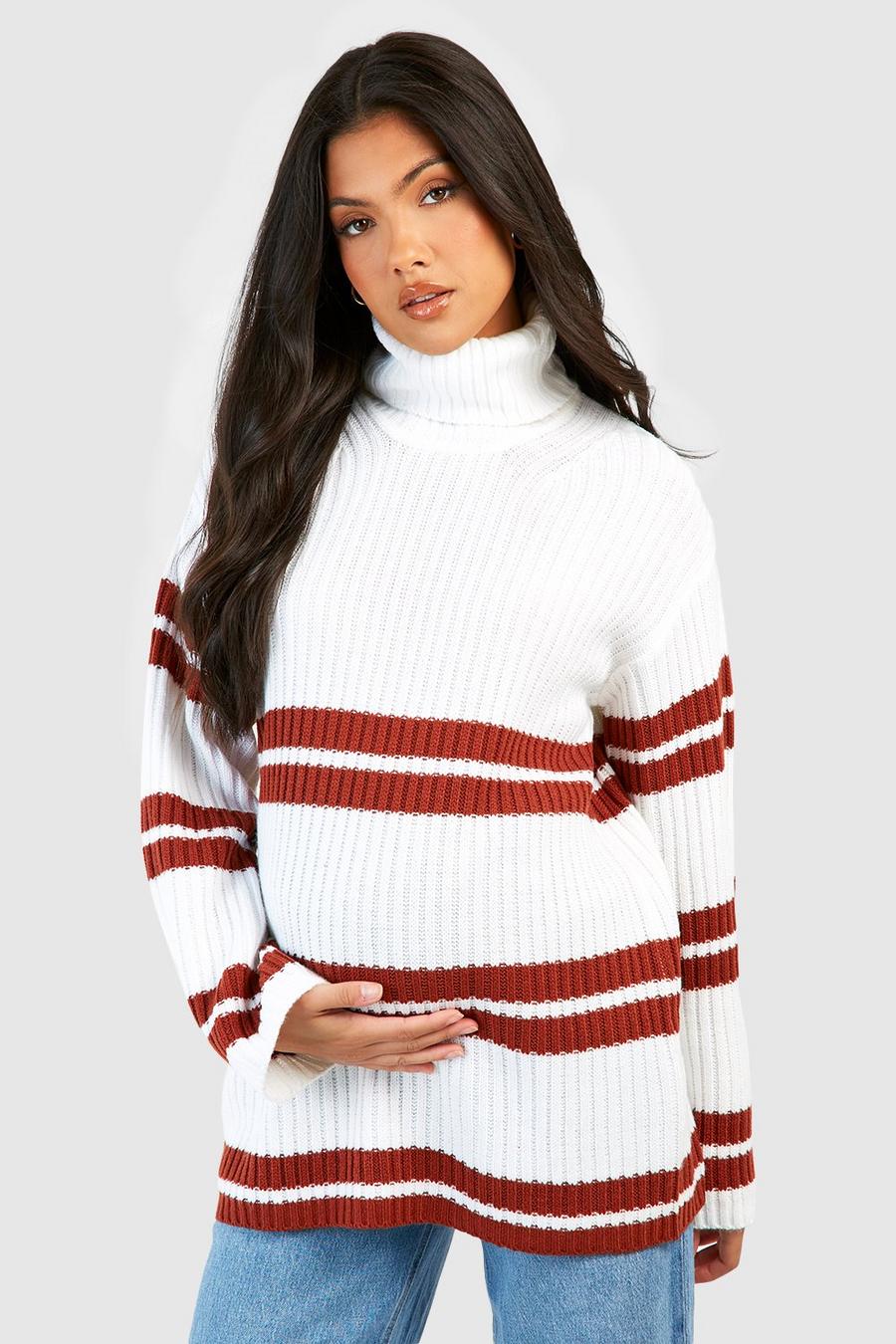 White Maternity Cowl Neck Stripe Sweater image number 1