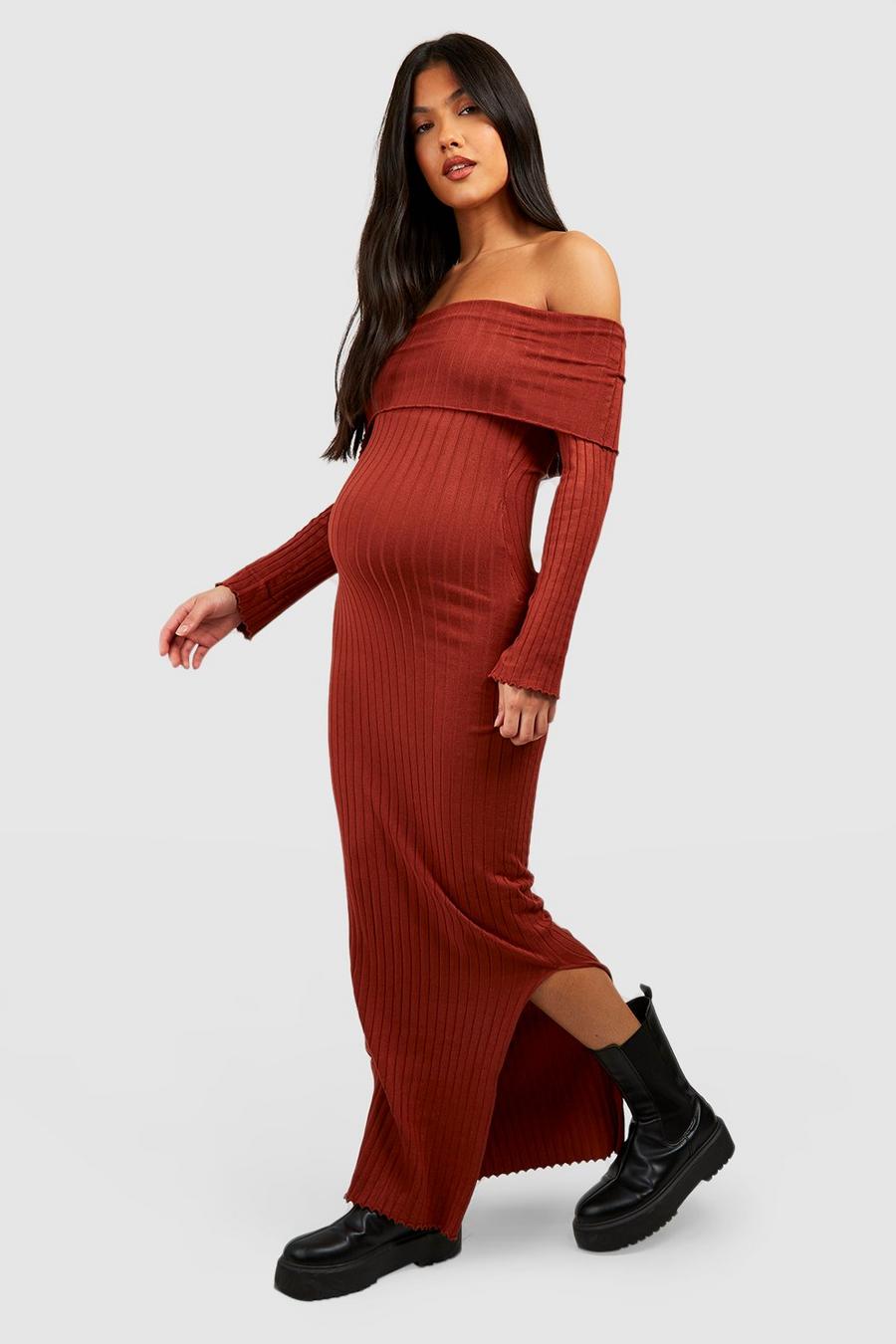 Rust Maternity Off The Shoulder Neckline Knitted Maxi Dress
