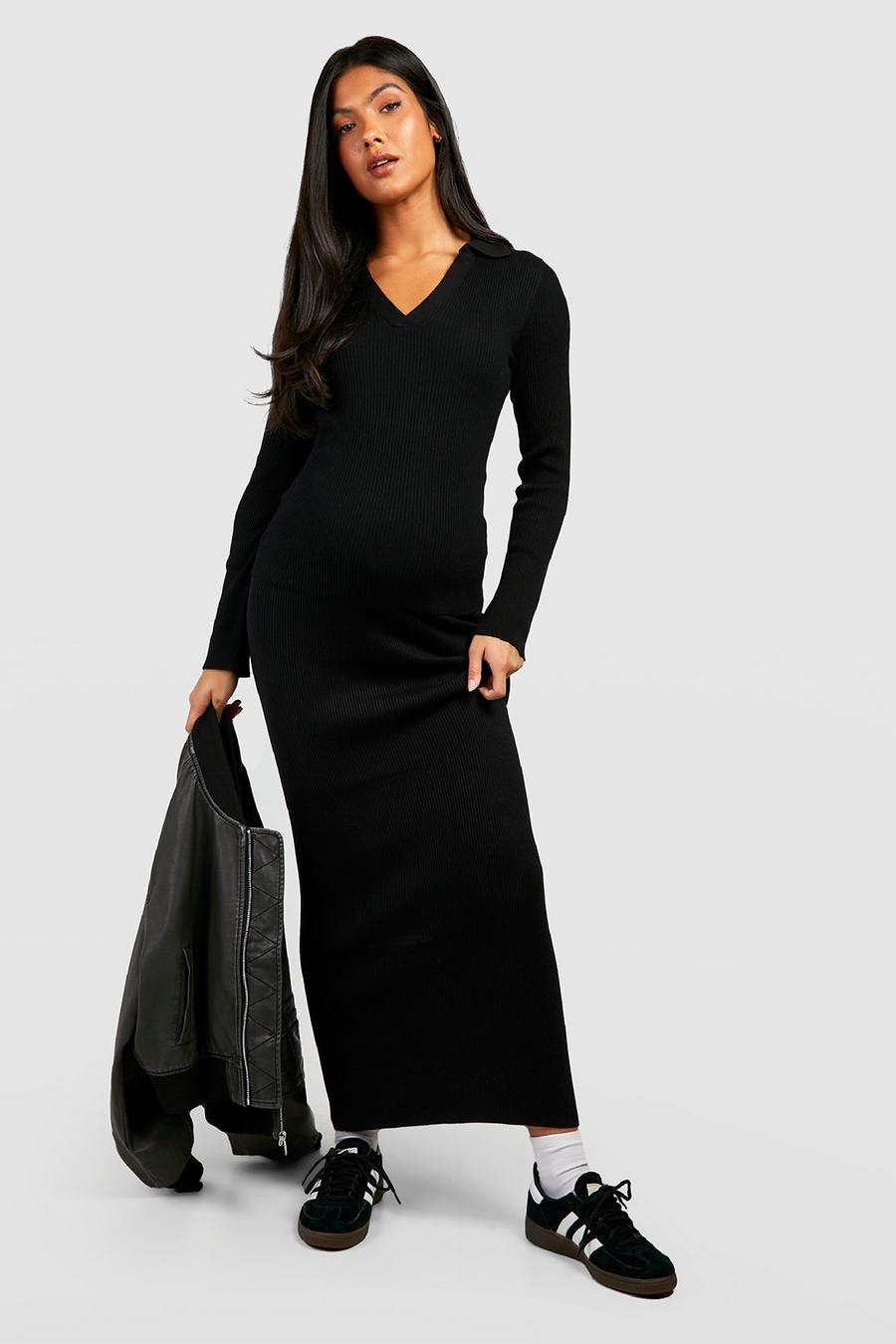Black Maternity Polo Collar Rib Knit Top And Maxi Skirt Set