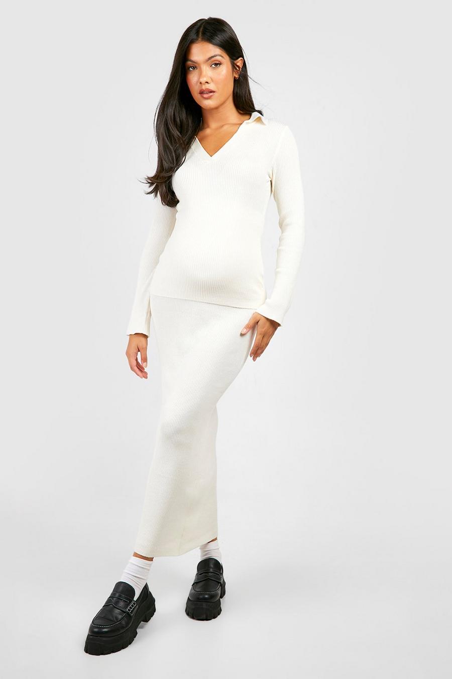Ecru Maternity Polo Collar Rib Knit Top And Maxi Skirt Set image number 1