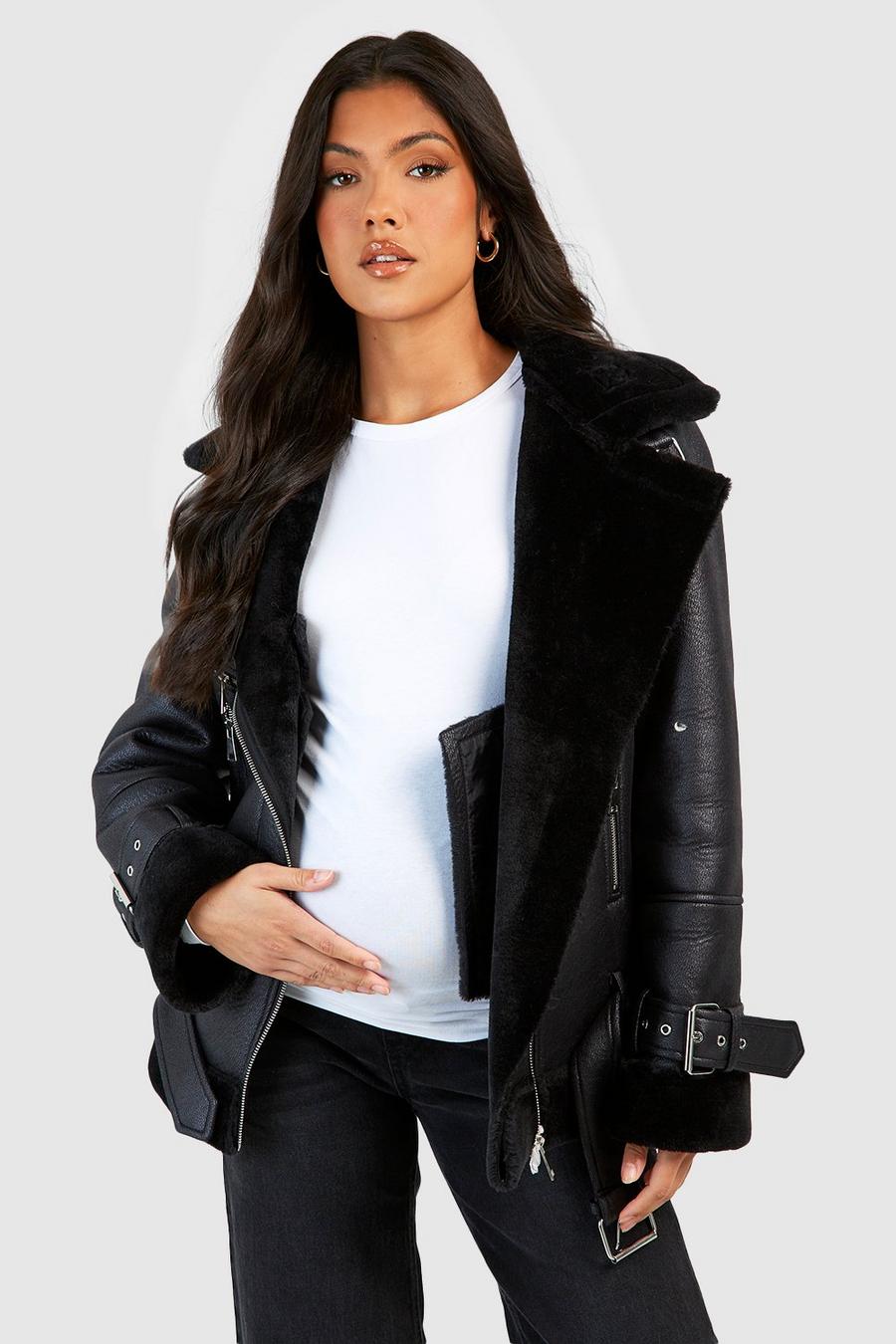 Black Maternity Faux Fur Trim Aviator Jacket