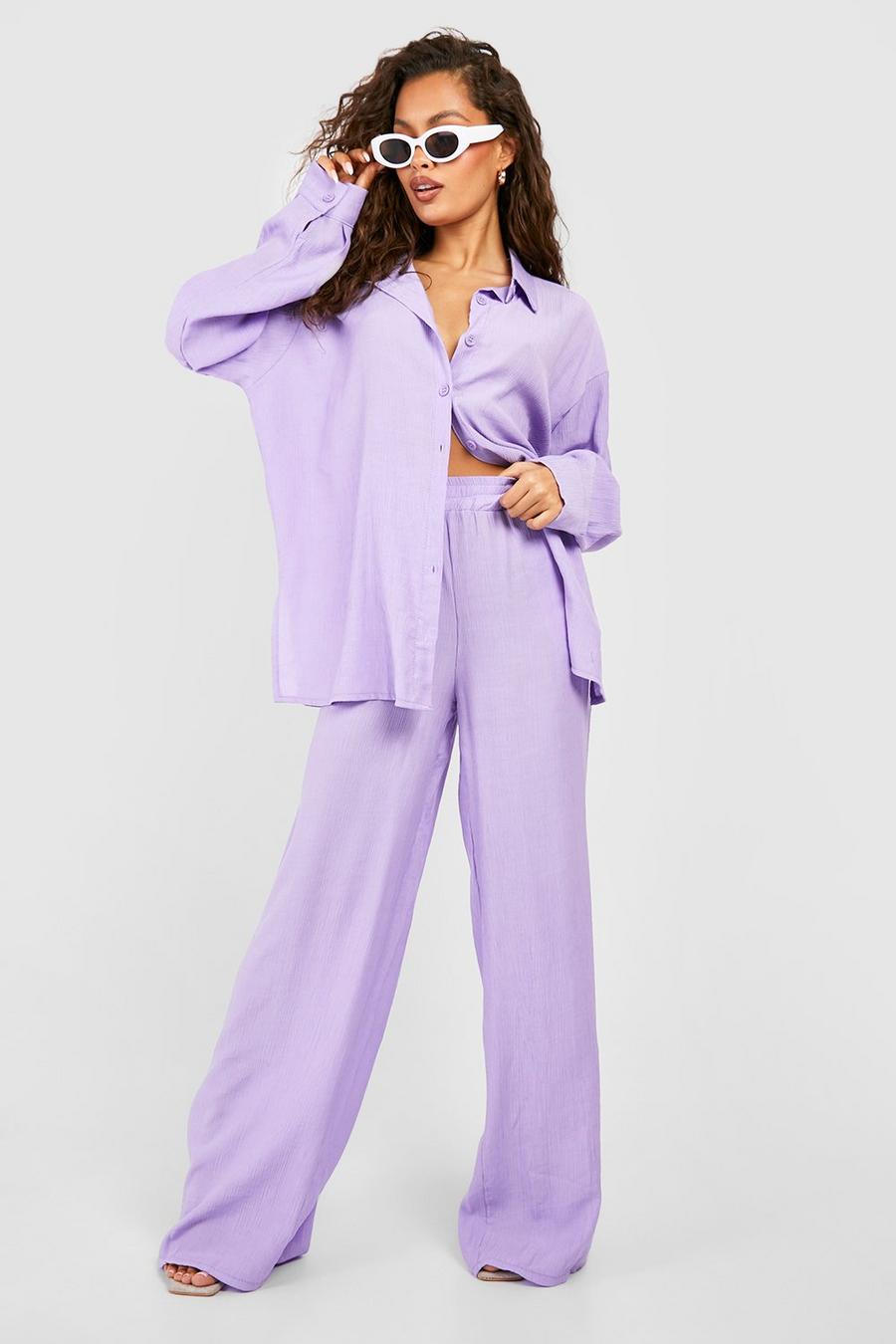 Lilac Crinkle Relaxed Fit Wide Leg Pants image number 1