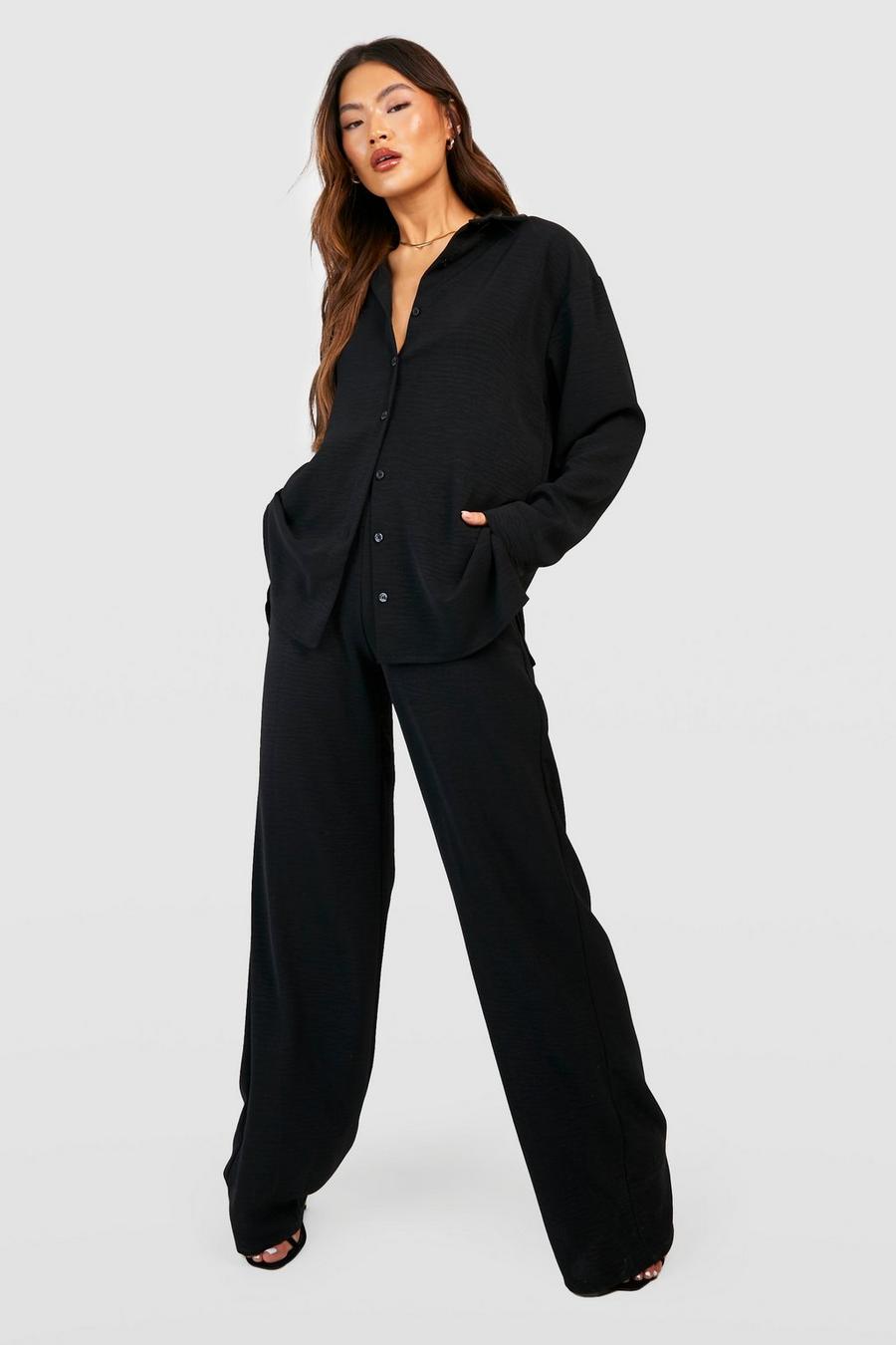 Black Textured Relaxed Fit Wide Leg Trousers image number 1