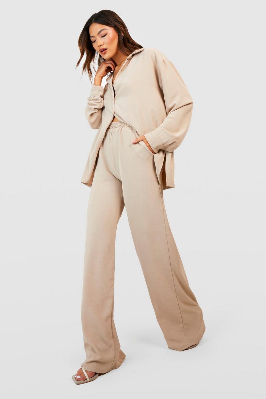 Stone beige Textured Relaxed Fit Wide Leg Pants