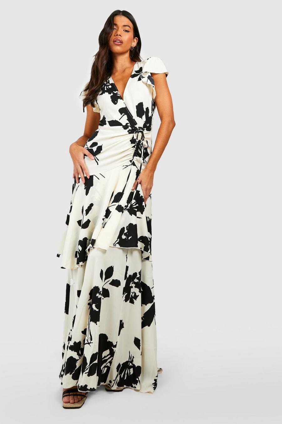 Ivory white Tall Mono Floral Wrap Ruffle Ruched Angel Sleeve Dress
