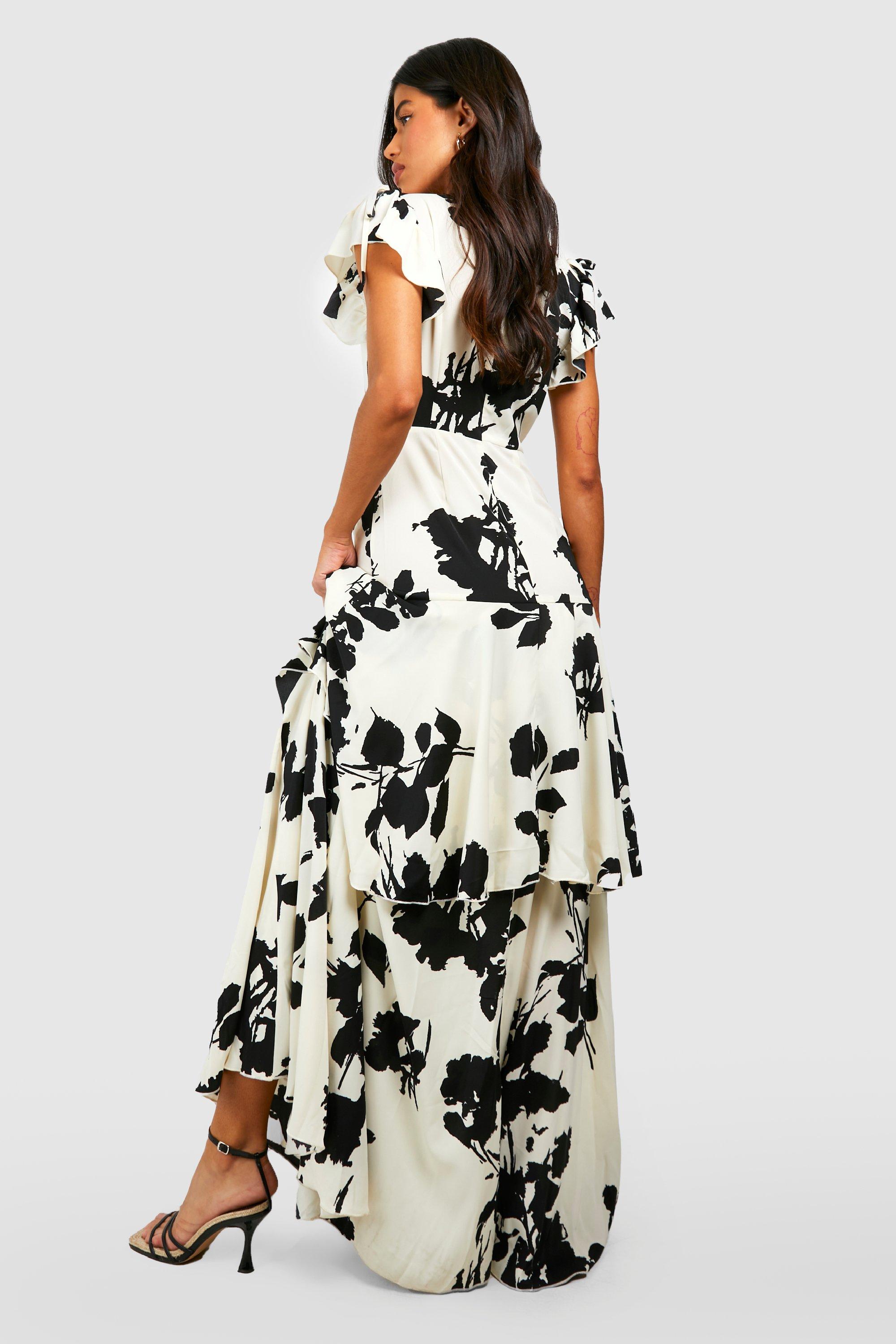 Tall Mono Floral Wrap Ruffle Ruched Angel Sleeve Dress