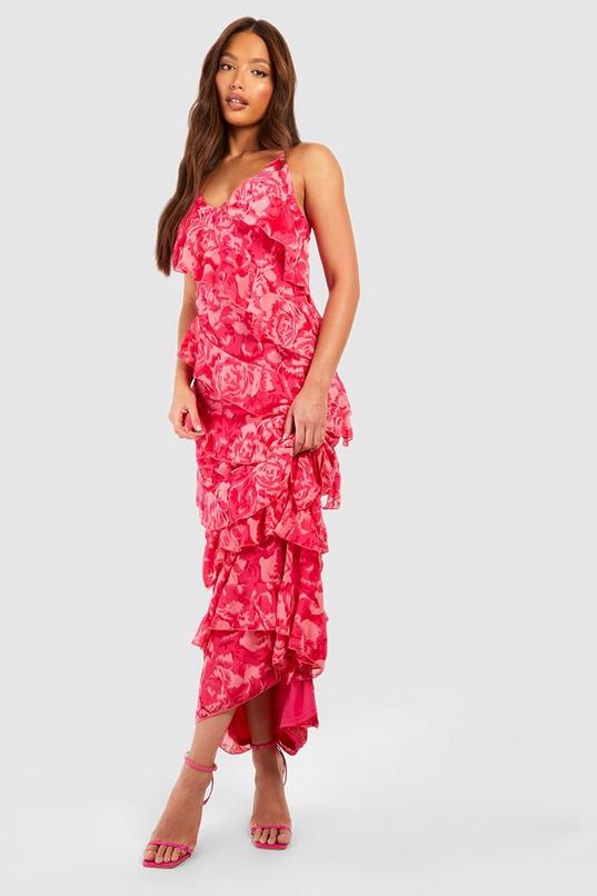 Tall Rose Floral Chiffon Ruffle Detail Maxi Dress | boohoo