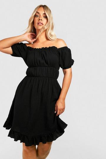 Plus Off Shoulder Shirred Skater Dress black