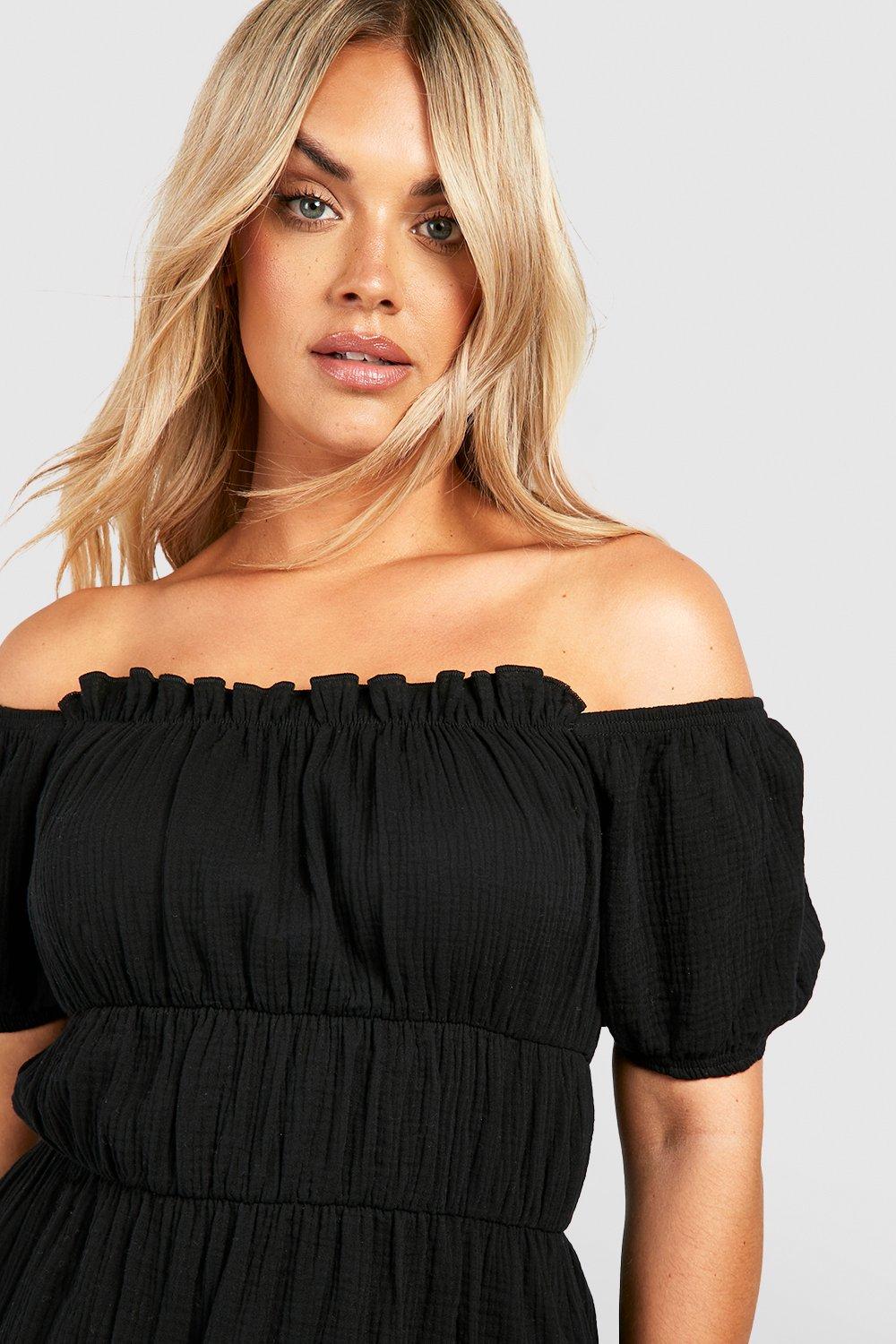 Off shoulder shirred dress sales