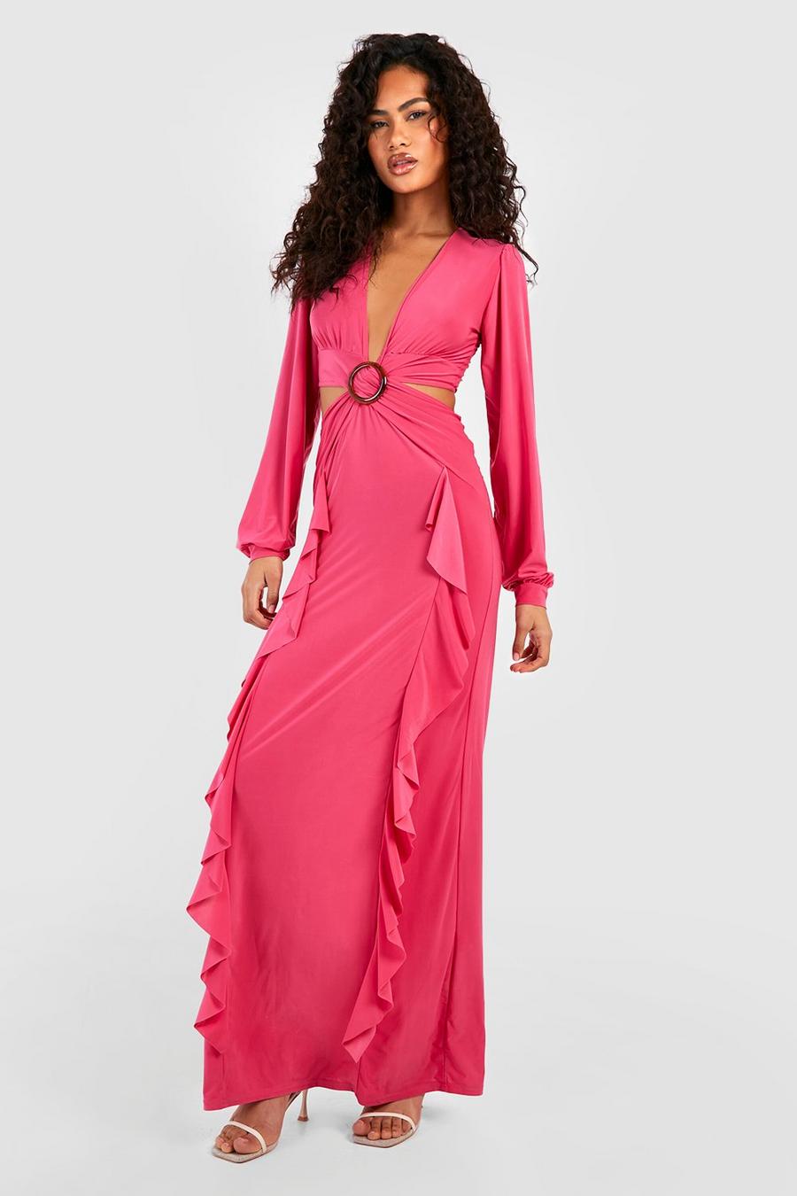 Hot pink Långklänning med låg urringning och volanger