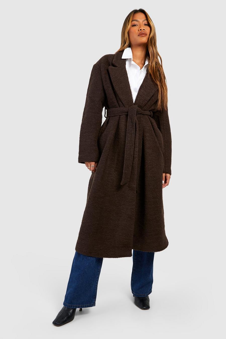 Chocolate Petite Boucle Belted Wool Coat