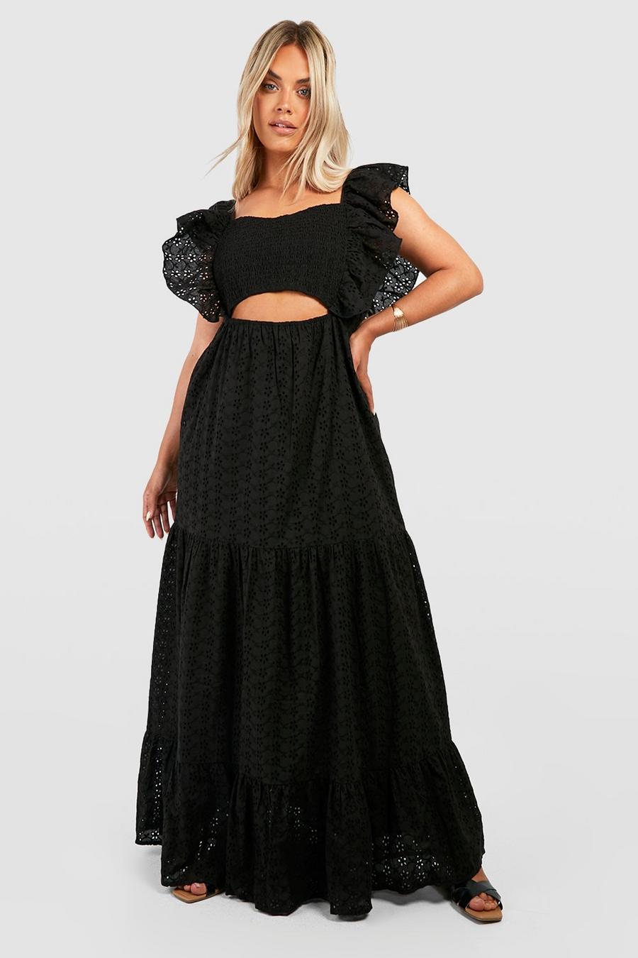 Plus Lochmuster-Maxikleid mit Cut-Out, Black image number 1