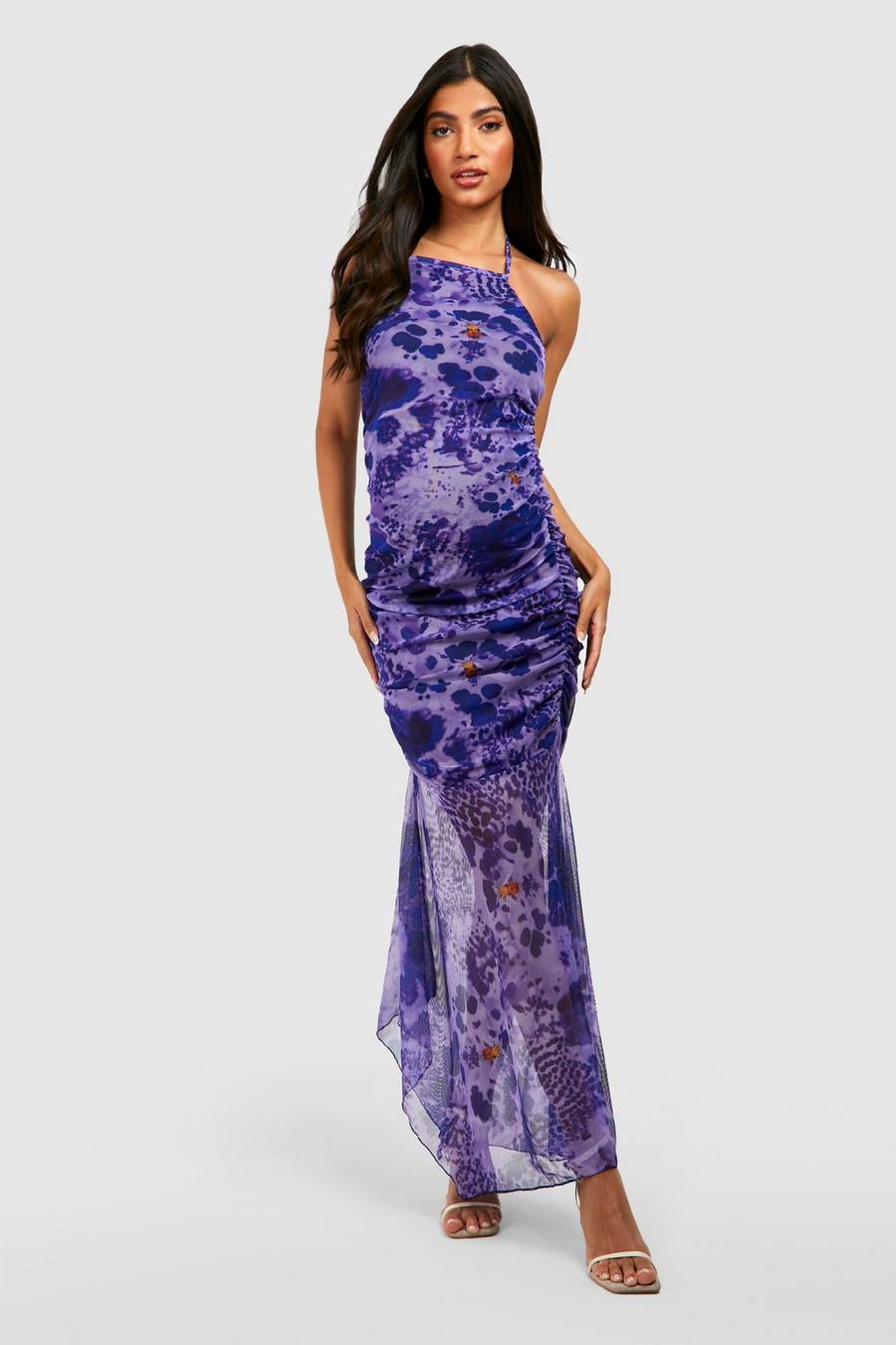 Purple Maternity Bold Abstract Mesh Flare Hem Halter Midaxi Dress image number 1
