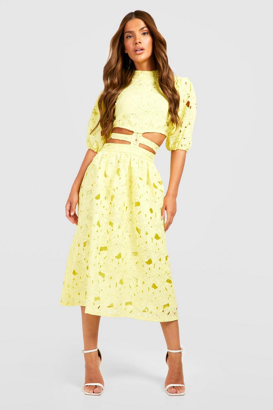 Yellow Premium Lace Cut Out Midi Dress image number 1
