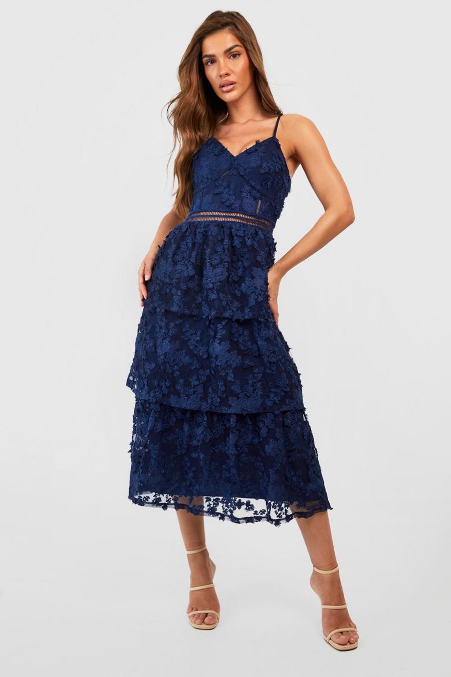 Premium Lace Tiered Midaxi Dress, Navy azul marino