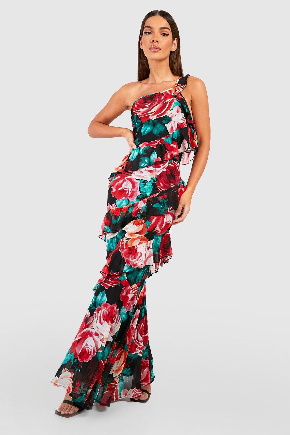 Robe longue asymétrique fleurie hot sale