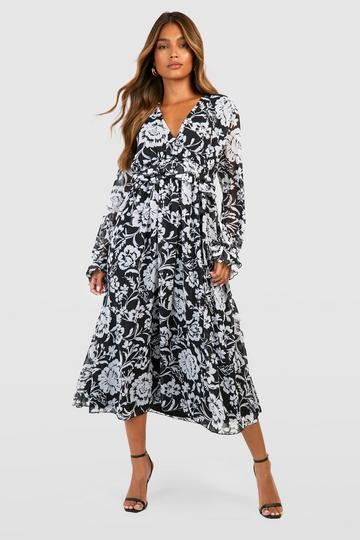 Floral Ruffle Midi Dress black