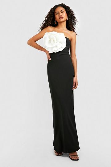 Strapless Maxi Jurk Met Rozen Detail black